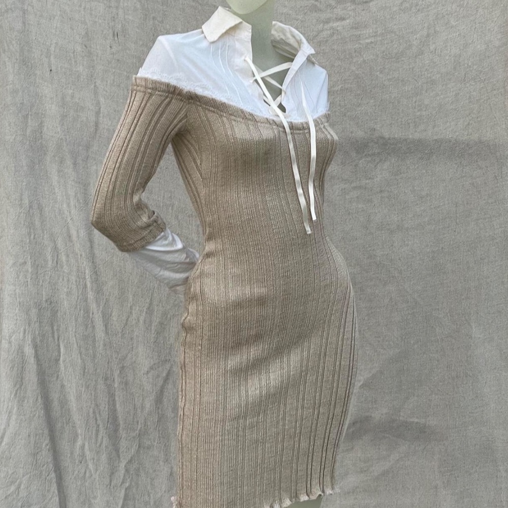 Tan knit midi librarian dress with attached white button up collar shirt